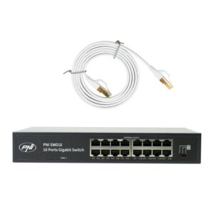 Pachet Switch PNI SW016, 16 x 10/100/1000 Mbps, Gigabit, carcasa metalica si patch 1.5m CAT8 PNI U8015W