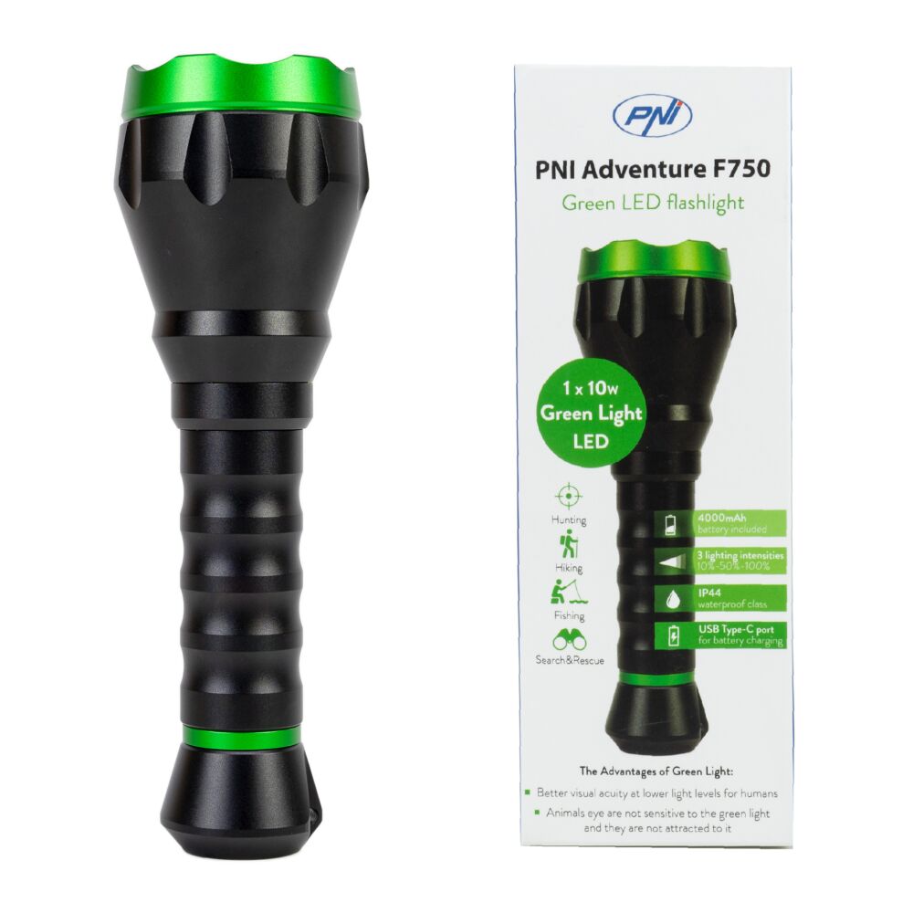 Lanterna PNI Adventure F750 Green Light din aluminiu, LED 10W, 500