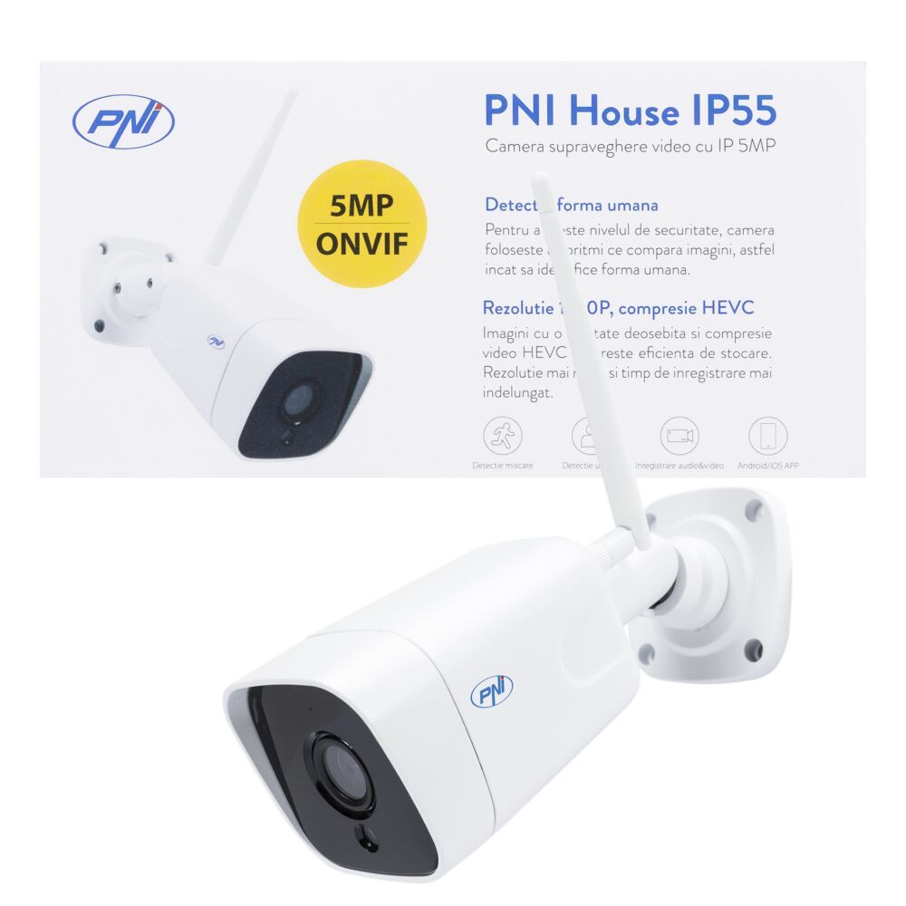 Camera supraveghere video PNI House IP55 5MP wireless cu IP, stand