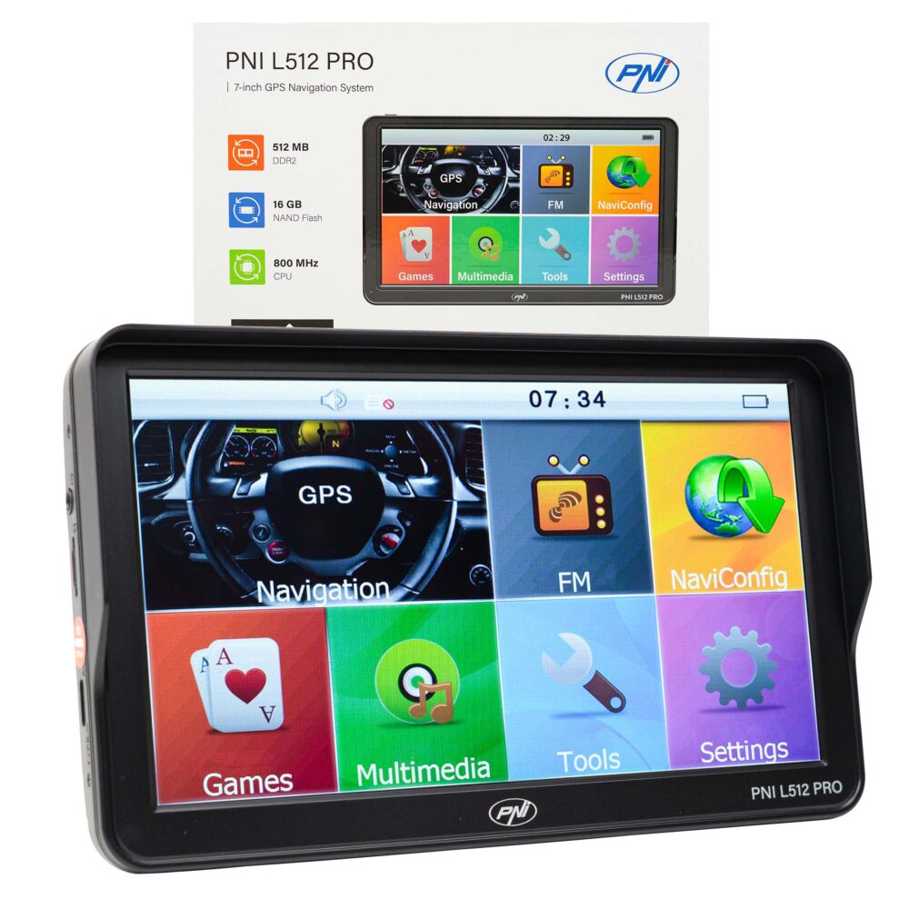 Sistem de navigatie GPS PNI L512 PRO cu parasolar, 7 inch, 800 MHz