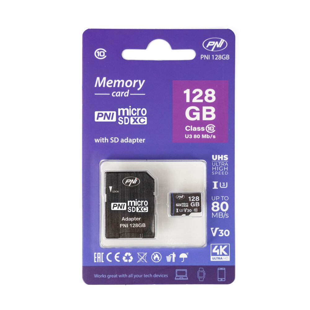 Card de memorie MicroSD PNI 128GB cu adaptor SD, Clasa 10, 80 Mb/s