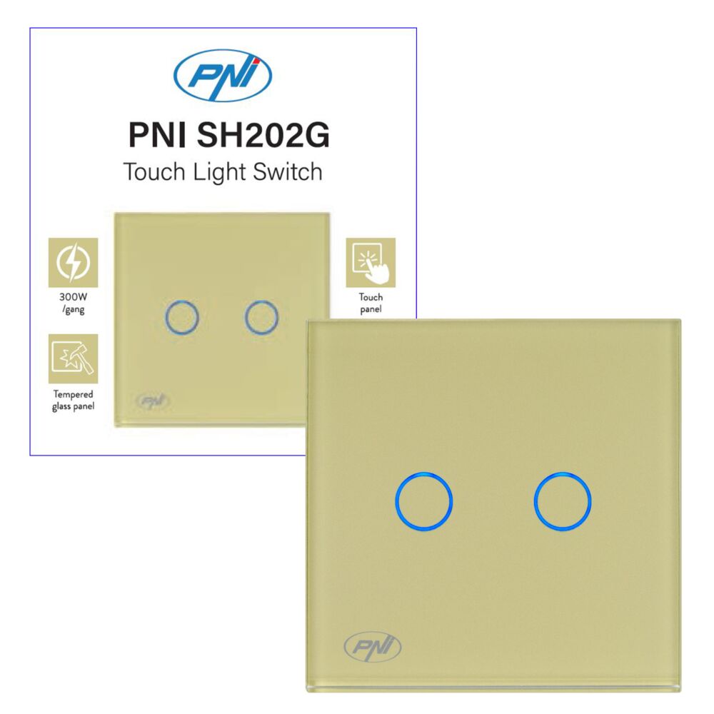 Intrerupator dublu cu touch PNI SH202G din sticla, gold cu LED
