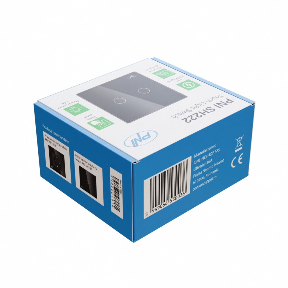 Intrerupator dublu cu touch PNI SH222 din sticla, negru cu LED
