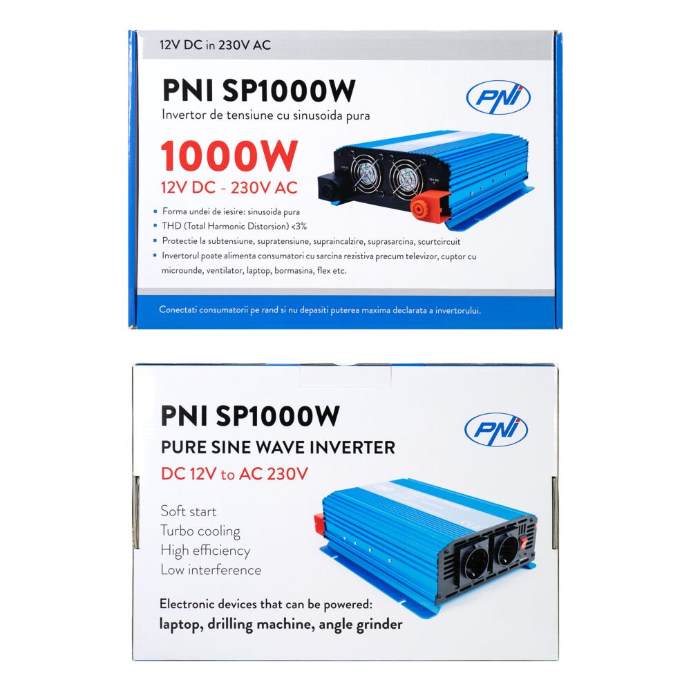 Invertor de tensiune PNI SP1000W cu sinusoida pura, alimentare 12V
