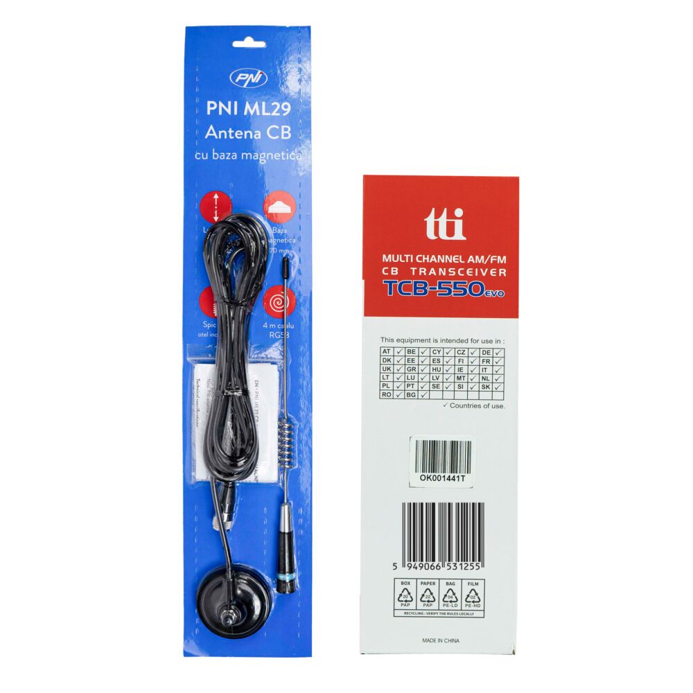 Kit Statie radio CB TTi TCB-550 EVO + Antena CB PNI ML29, lungime
