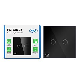 Intrerupator dublu cu touch PNI SH222 din sticla, negru cu LED