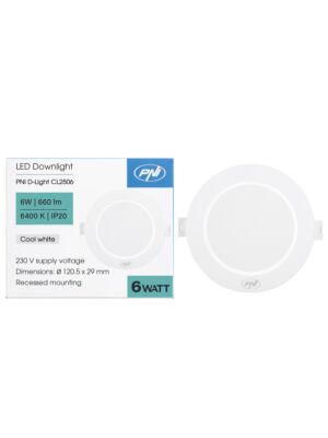 Spot LED PNI D-Light CL2506 6W, incastrabil, rotund, 120.5*28.4mm, 6400K, alimentare 230V, 660 lm, alb
