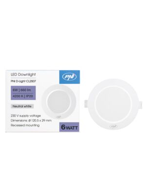 Spot LED PNI D-Light CL2507 6W, incastrabil, rotund, 120.5*28.4mm, 4200K, alimentare 230V, 660 lm, alb