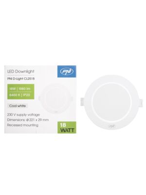 Spot LED PNI D-Light CL2518 18W, incastrabil, rotund, 220.7*28.9mm, 6400K, alimentare 230V, 1980 lm, alb