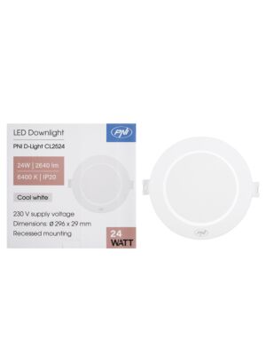 Spot LED PNI D-Light CL2524 24W, incastrabil, rotund, 296*29.1mm, 6400K, alimentare 230V, 2640 lm, alb