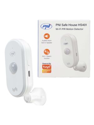 Senzor de miscare PIR PNI SafeHouse HS401 cu Wi-Fi, compatibil cu aplicatia Tuya, alarma sonora 80dB, difuzor incorporat