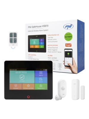 Sistem de alarma wireless PNI SafeHouse HS670 WiFi GSM 4G, ecran color tactil, 99 zone wireless, suporta 5 numere de tel