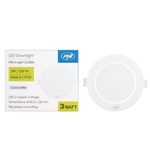 Spot LED PNI D-Light CL2503 3W, incastrabil, rotund, 90.5*28mm, 6400K, alimentare 230V, 330 lm, alb
