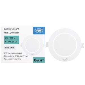 Spot LED PNI D-Light CL2506 6W, incastrabil, rotund, 120.5*28.4mm, 6400K, alimentare 230V, 660 lm, alb
