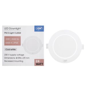 Spot LED PNI D-Light CL2524 24W, incastrabil, rotund, 296*29.1mm, 6400K, alimentare 230V, 2640 lm, alb
