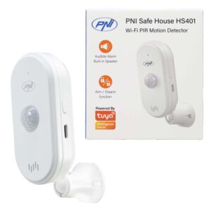 Senzor de miscare PIR PNI SafeHouse HS401 cu Wi-Fi, compatibil cu aplicatia Tuya, alarma sonora 80dB, difuzor incorporat