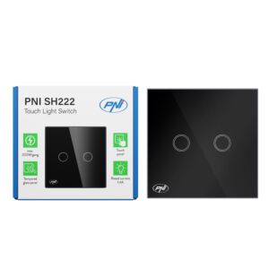 Intrerupator dublu cu touch PNI SH222 din sticla, negru cu LED indicator, 10A, 2X200W