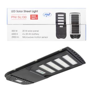 Lampa de iluminat stradal PNI SL130 20W, cu panou solar incorporat 20W, 6500K, 2900lm, 4 x acumulator 20Ah incorporat, s