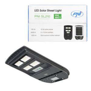 Lampa de iluminat stradal PNI SL210 6.5W, cu panou solar incorporat 10W, 6500K, 1000lm, 2 x acumulator 10Ah incorporat, 