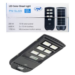 Lampa de iluminat stradal PNI SL220 13W, cu panou solar incorporat 15W, 6500K, 1700lm, 3 x acumulator 15Ah incorporat, s