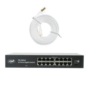 Pachet Switch PNI SW016, 16 x 10/100/1000 Mbps, Gigabit, carcasa metalica si patch 3m CAT8 PNI U8030W