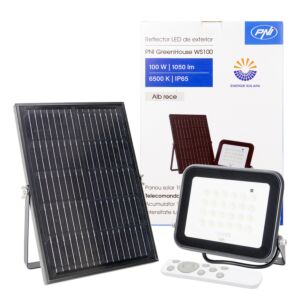 Reflector LED PNI GreenHouse WS100 100W cu panou solar, acumulator 10000mAh, telecomanda, timing si luminozitate reglabi
