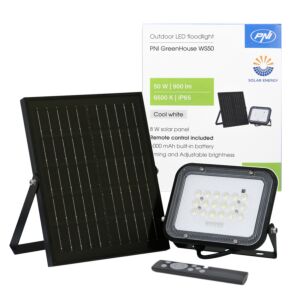 Reflector LED PNI GreenHouse WS50 50W cu panou solar, acumulator 6000mAh, telecomanda, timing si luminozitate reglabila,